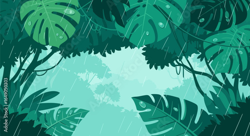 Rainy Day In The Jungle With Lush Green Foliage And Tropical Plants