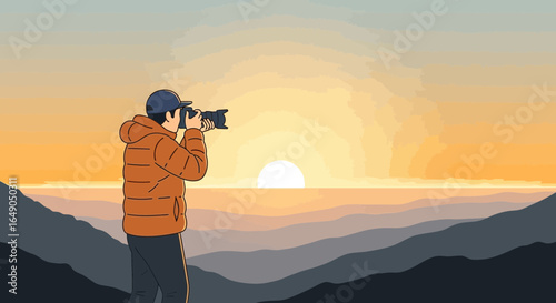 Photographer Capturing Golden Hour View of Mountains Under Warm Sunset Sky