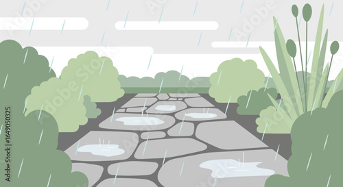 Rainy Day In The Park With Stone Path And Green Bushes Illustration