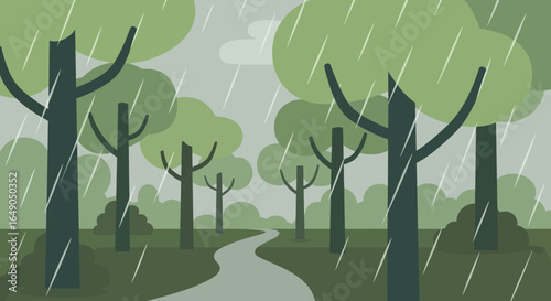 Rainy day in the woods: A peaceful illustration of nature in the rain with stylized trees and a winding path