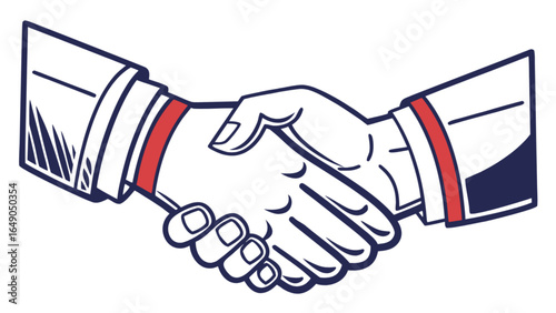 Illustration of a handshake between two business partners with red and blue accents on white background