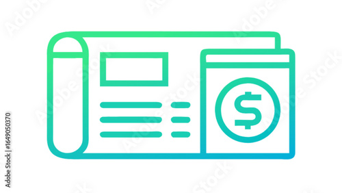 Illustration of a newspaper with a dollar coin on the right side in vibrant gradient colors