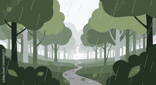 Rainy Day In The Woods With A Winding Path And Muted Colors Style