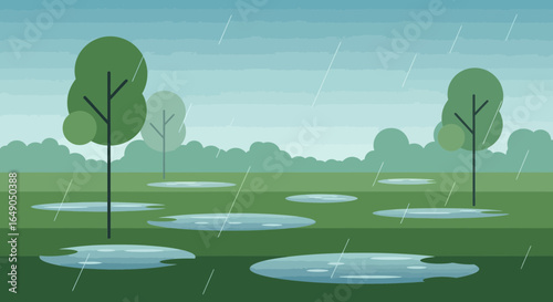 Rainy Day In Verdant Countryside With Puddles Of Water And Verdant Trees