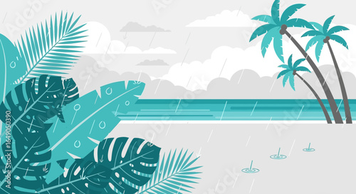 Rainy Day In Tropical Paradise Vector Illustration on Grayish Blue Style