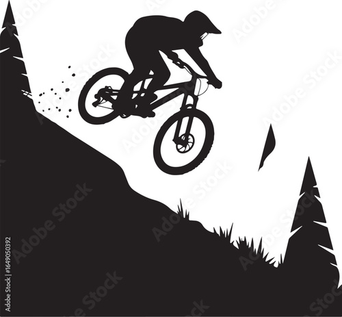 Dynamic downhill cyclist jumps over terrain silhouette