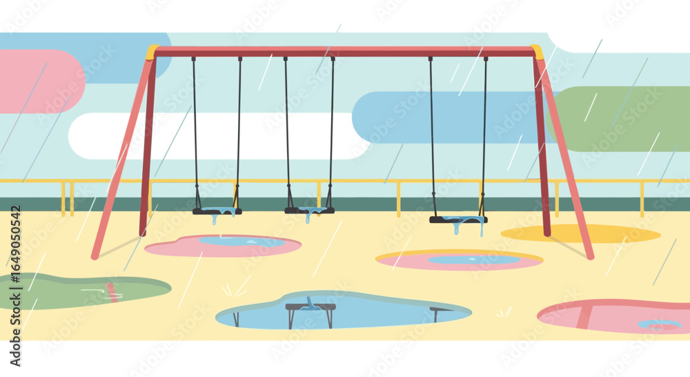 Fototapeta premium Rainy Day Melancholy An Illustration of Empty Swings and Puddles