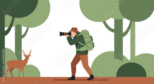 Photographer Capturing Nature A Man With Backpack In Forest Photographing Deer