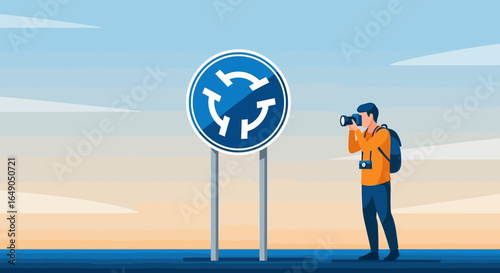 Photographer Capturing Roundabout Signage on Travel Road Trip Adventure
