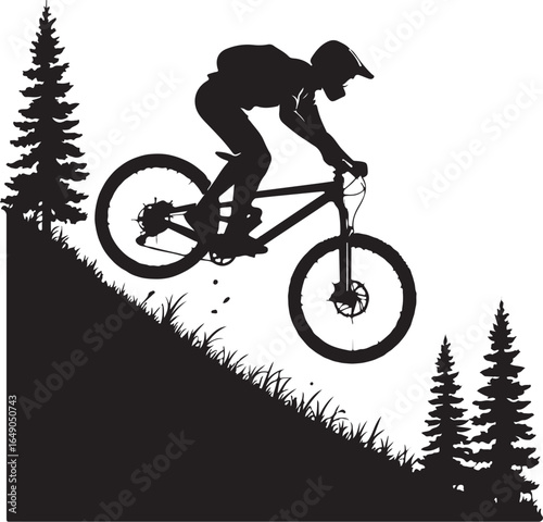 Dynamic cyclist airborne downhill through trees and grass
