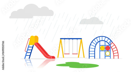 Rainy day playground illustration featuring slide swings and climbing frame creating a melancholic scene