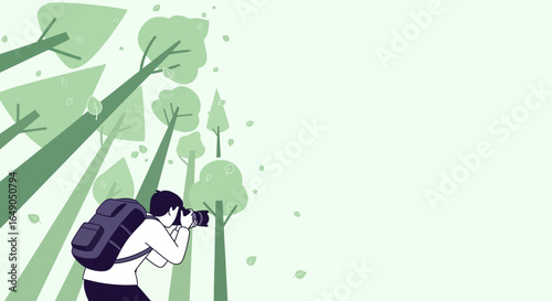 Photographer Capturing the Beauty of Nature with Camera in a Tranquil Forest Illustration