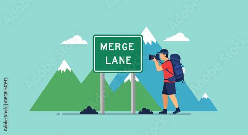 Photographer In The Wilderness Capturing Scenic Landscape At Merge Lane Location