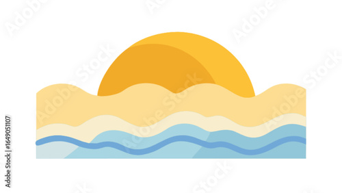 Illustration of a stylized sun setting over wavy sand dunes and ocean waves with a white background