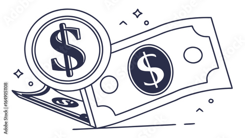 Illustration of a coin with a dollar sign on top of a dollar bill with sparkles around them