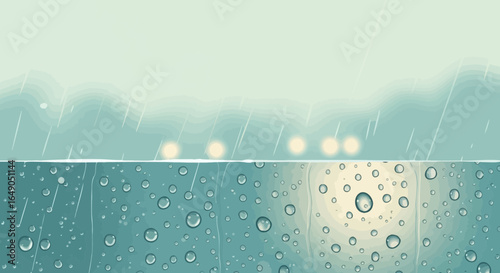 Rainy Evening Window View With Water Droplets And Blurred City Lights Background