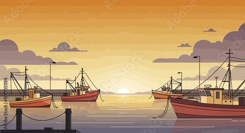Picturesque Seascape Featuring Fishing Boats at Sunset in a Tranquil Setting