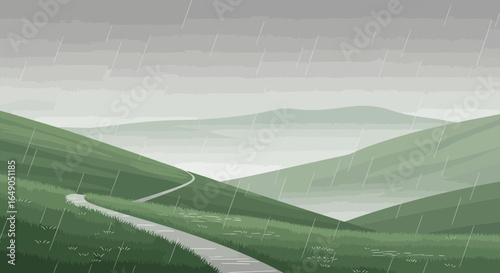 Rainy Green Landscape With Winding Path In The Hills On Overcast Day