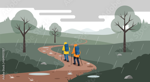 Rainy Hike Through Serene Landscape Adventure On Trails Outdoor Excursion