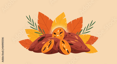 Pile Of Sweet Potatoes Among Autumnal Decorative Leaves Flat Illustration