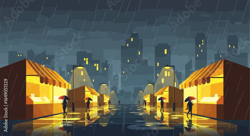 Rainy night city market scene with reflections and people walking with umbrellas evokes atmosphere