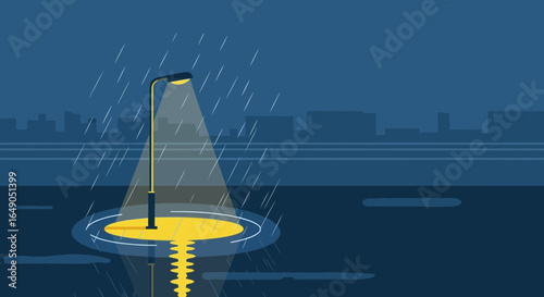Rainy Night Cityscape With Streetlight Reflecting In Puddle Illustration