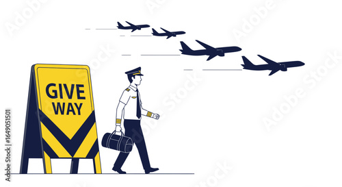Pilot Walking Beside A Give Way Sign With Airplanes Taking Off Background