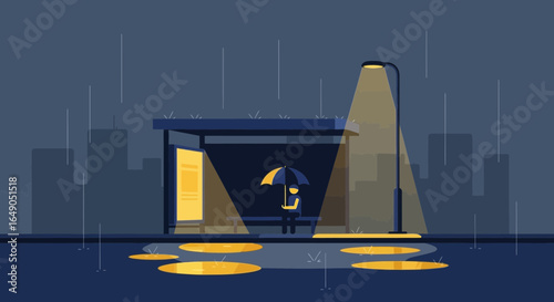 Rainy Night Scene Person Waiting at Bus Stop Under Streetlight Vector Illustration