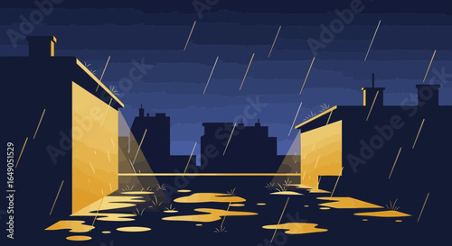 Rainy Night Urban Landscape Illustration With Building And City Silhouette