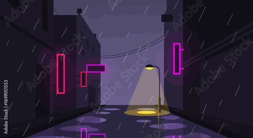 Rainy night street scene with neon signs and street light illustration