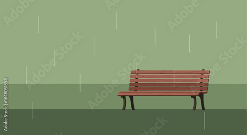 Rainy Scene Depicting A Wooden Bench In The Park On A Quiet Day