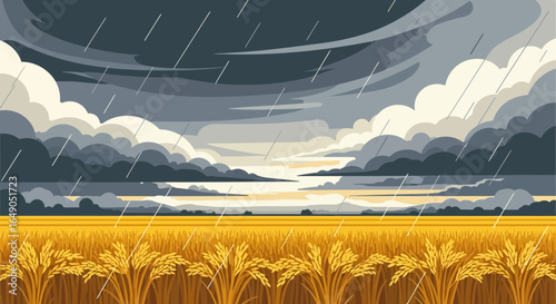 Rainy Season Over The Golden Rice Field With Dramatic Sky Illustration