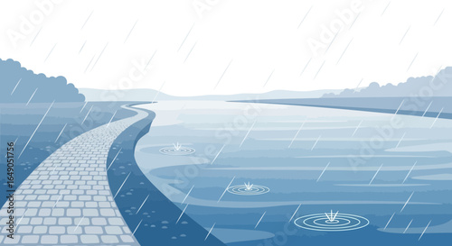 Rainy Season Scenery With Cobblestone Path In Nature Minimalistic Illustration