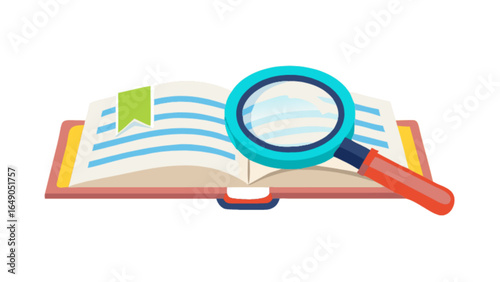 Open book with bookmark and magnifying glass for reading and searching information online concept design