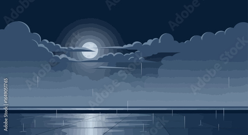 Pixel art landscape featuring a full moon above the sea and rainy reflection in the night sky with clouds