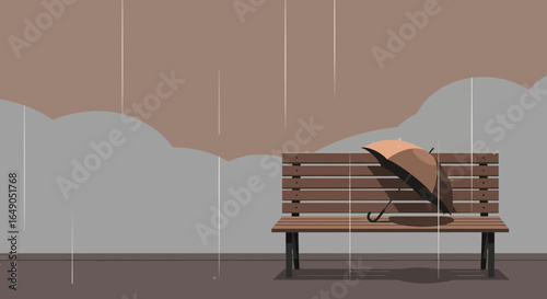 Rainy Season Solitude: Wooden Bench With Umbrella On A Calm Day