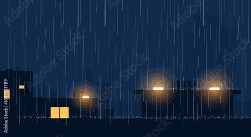 Pixelated Cityscape Silhouette In Evening Rain Showers And Illuminating Warm Apartment Lights