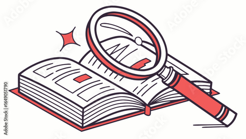 Illustration of an open book with a red bookmark and a magnifying glass on top of it for inspection