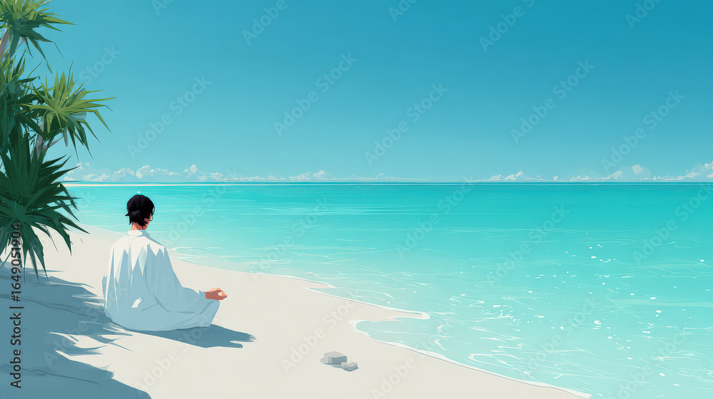 Obraz premium tranquil seaside moment on sunny day where golden sands meet gentle ocean waves