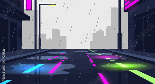 Rainy Urban Night Scene With Neon Reflections And Cityscape Background