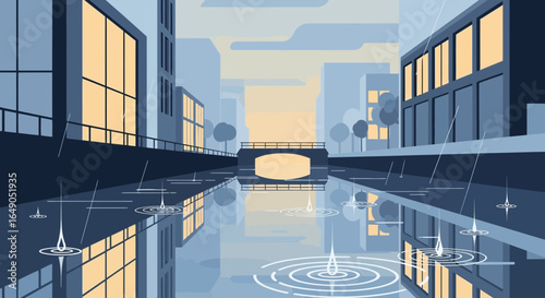 Rainy Urban Scenery With Water Reflection And Canal City View