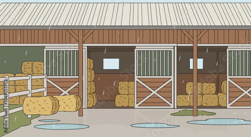 Rainy Weather In A Horse Barn With Hay Bales Stocked For Winter