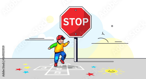 Playful Hopscotch Adventure With Stop Sign Illustration And Joyful Kid