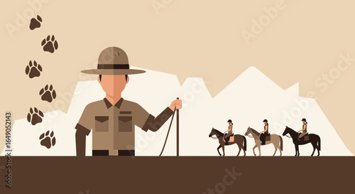 Ranger Guiding Equestrian Tourists Through a Mountain Landscape Illustration