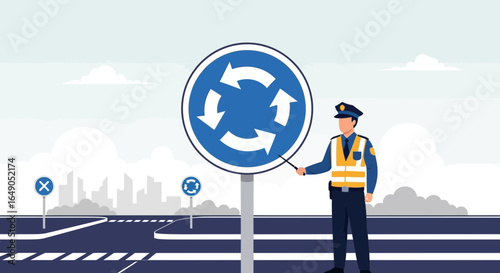 Police Officer Explaining The Rules For A Roundabout On The Road Illustration