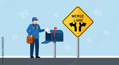 Postman Delivering Mail At Merge Lane Illustrative Scene Flat Vector Concept