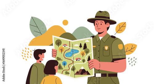Ranger Shows Visitors Route On Park Map For Educational Hike Adventure
