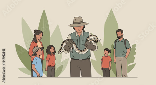 Ranger Showing A Snake To A Group Of People In An Outdoor Setting