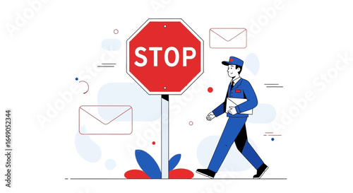 Postman Passing By Stop Sign Carrying a Letter Delivery Service