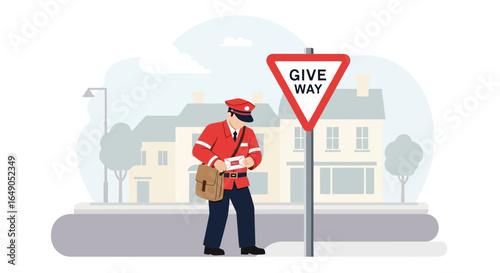 Postman Delivers Letters Near Give Way Sign In Town Scene